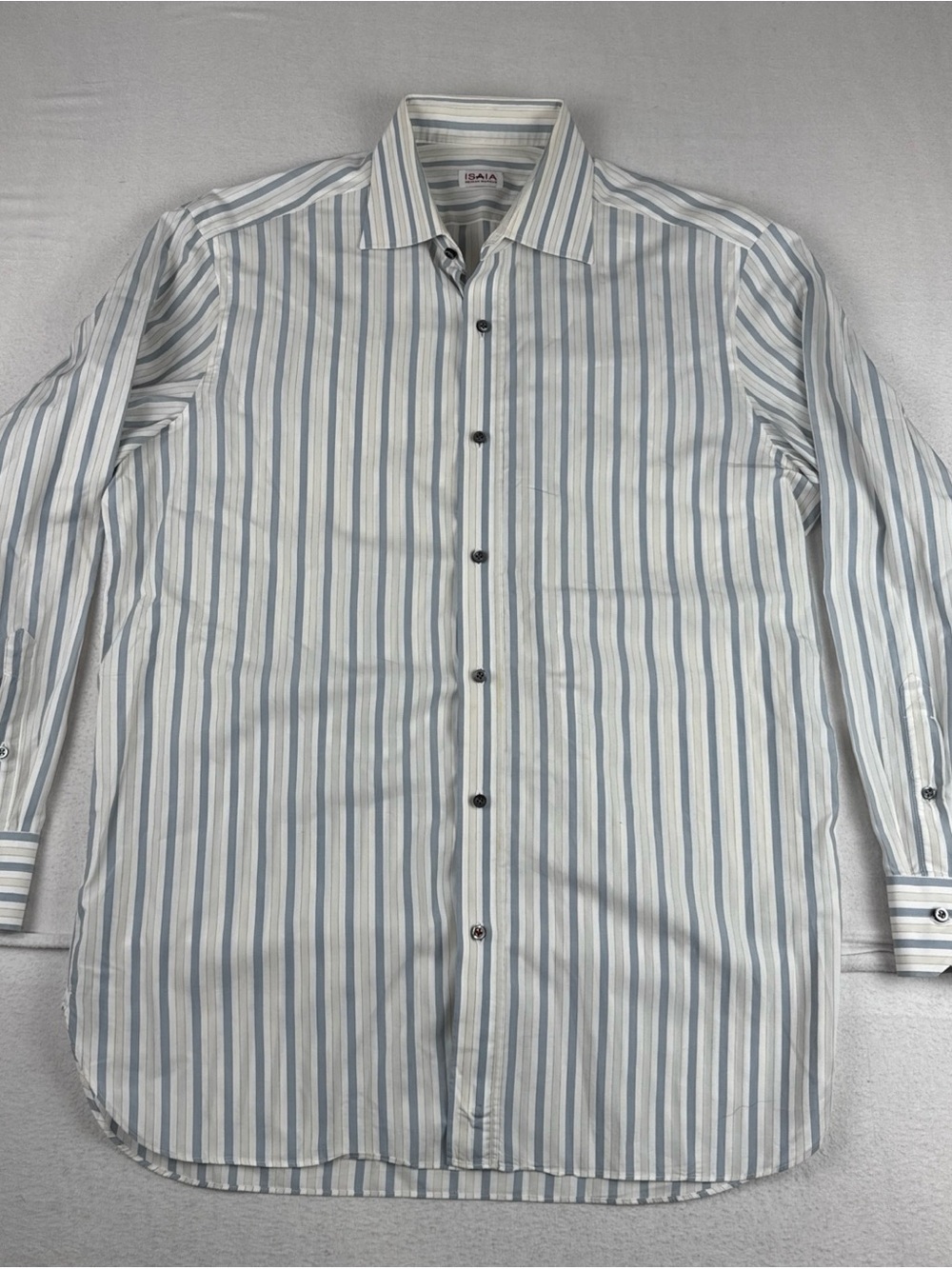 Isaia Napoli Mens Blue Yellow Striped Dress Shirt 16.5-42 Made in Italy Cotton